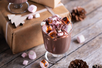 Traditional Christmas drink, hot cocoa chocolate with roasted marshmallows