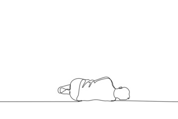man lies on the floor in a fetal position - one line drawing vector. the concept of obesity, sleep in the fetal position