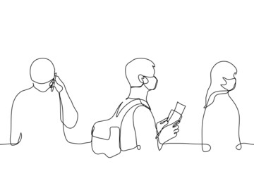 male passenger in mask stands in line to board the plane in his hands passport and plane ticket - one line drawing vector.