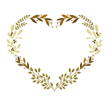 Decorative heart shape frame with leaves and branches. Hand drawn vector illustration.