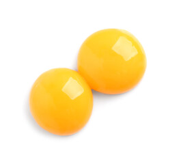 Raw egg yolks on white background, top view