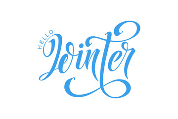 Hello winter hand lettering calligraphy. Vector holiday illustration element. Typographic element for banner, poster, congratulations.