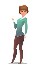 Handsome woman in pants and sweater. Cheerful middle aged girl. Cheerful person. Standing pose. Cartoon comic style flat design. Single character. Illustration isolated on white background. Vector