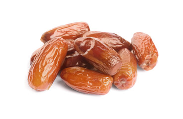 Heap of tasty sweet dried dates on white background