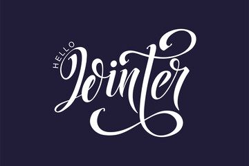 Hello winter hand lettering calligraphy. Vector holiday illustration element. Typographic element for banner, poster, congratulations.