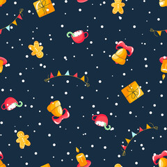 Christmas pattern seamless cute festive garlands, cookie man, mug, cane, bell. Template for printing onto fabric, wrapping paper design. Children's background for fabric, textile, wallpaper, clothing
