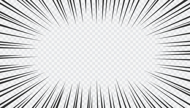 Manga action frame lines. Motion radial lines. Comics book style, explosion background isolated on transparent background . Vector cartoon illustration. 