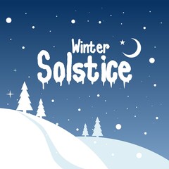 Vector illustration, snowy landscape with winter solstice lettering, elements for invitations, templates, posters, greeting