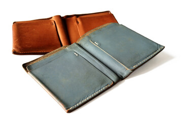 Old wallet is empty, no banknotes placed on the white background. Isolated.