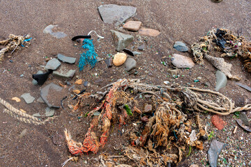 Garbage thrown on the seashore. Environmental pollution concept. Ecological problem.