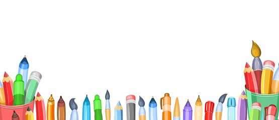 Stationery. Horizontal composition for the border. Pencils and brushes in glasses. Items for creativity. Ballpoint and gel pens. Isolated on white background. Cheerful cartoon style. Vector.