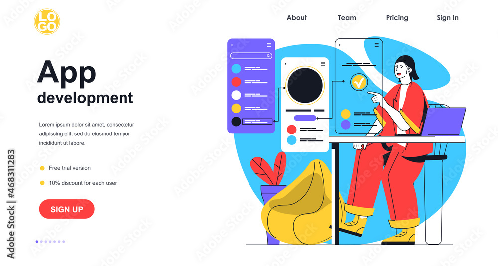 Leinwandbilder App development web banner concept. Woman programmer creates and optimizes interface mobile phone application, programming landing page template. Vector illustration with people scene in flat design