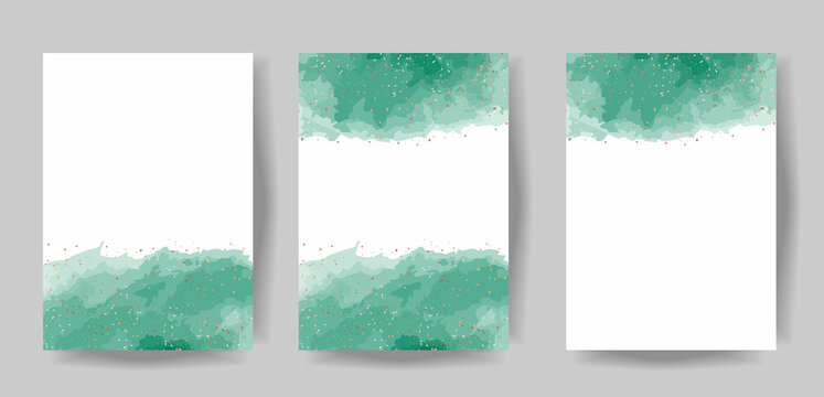 Green watercolor with gold dust confetti dust. Vector illustration fluid painting for wedding and birthday invitation design cards. Dye splash style. Copy space for text.