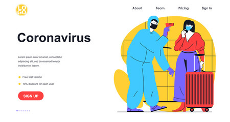 Obraz na płótnie Canvas Stop coronavirus web banner concept. Medic measures woman temperature with infrared thermometer. Fighting viral infection landing page template. Vector illustration with people scene in flat design