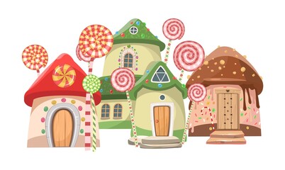Sweet home isolated on white background. Caramel fairy house. Illustration in cartoon style flat design. Picture for children. Vector