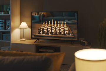 Chess game on a widescreen television - obrazy, fototapety, plakaty