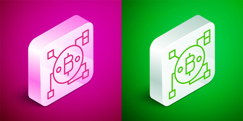 Isometric line Blockchain technology Bitcoin icon isolated on pink and green background. Abstract geometric block chain network technology business. Silver square button. Vector