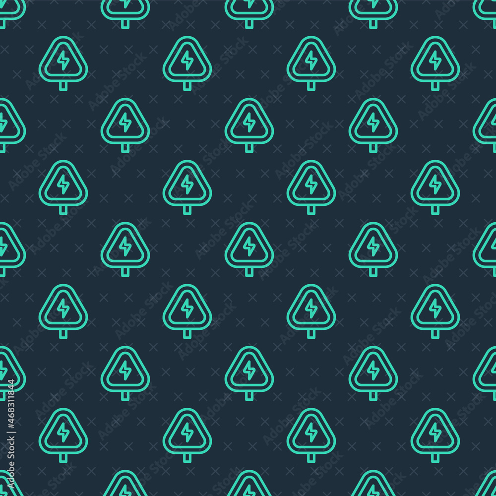Poster green line high voltage sign icon isolated seamless pattern on blue background. danger symbol. arrow