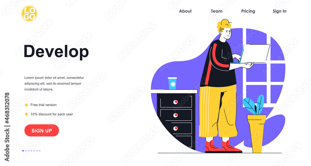 Aufkleber Develop software web banner concept. Man programmer working on laptop, programming and coding website or application, landing page template. Vector illustration with people scene in flat design