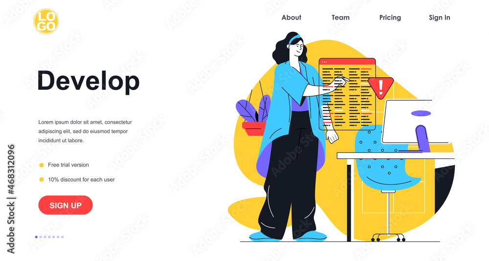 Aufkleber Develop software web banner concept. Woman programmer programming and coding website or application, working at computer, landing page template. Vector illustration with people scene in flat design