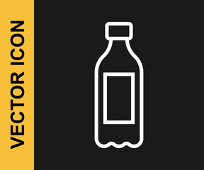Obraz premium White line Bottle of water icon isolated on black background. Soda aqua drink sign. Vector