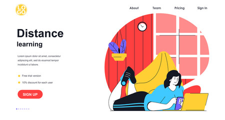 Distance learning web banner concept. Woman student studying using laptop and smartphone at home, watching online courses, landing page template. Vector illustration with people scene in flat design