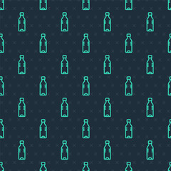 Fototapeta premium Green line Bottle of water icon isolated seamless pattern on blue background. Soda aqua drink sign. Vector