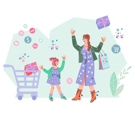 Mother and daughter go shopping, flat cartoon vector illustration isolated on white background. Family shopping day.