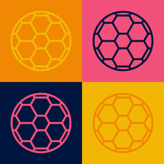 Obraz premium Pop art line Soccer football ball icon isolated on color background. Sport equipment. Vector
