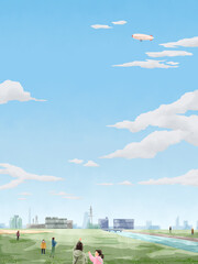 飛行船の飛ぶ風景手書き水彩風イラスト