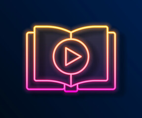 Glowing neon line Audio book icon isolated on black background. Play button and book. Audio guide sign. Online learning concept. Vector