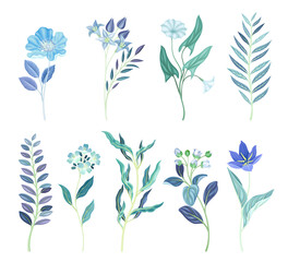 Blue plants and flowers set. Trendy color floral design elements vector illustration