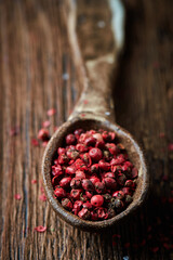 Red pepper on an ceramic spoon over wooden backround