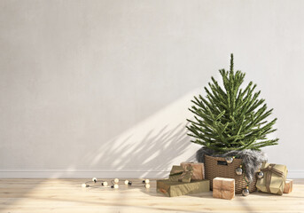 modern living room with Christmas tree, wall mockup in the living room, living room with Christmas tree, light interior of living room with wood floor and white wall, 3d render