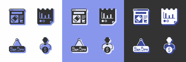 Set Business investor, Online shopping on screen, From 9 5 job and Document with graph chart icon. Vector