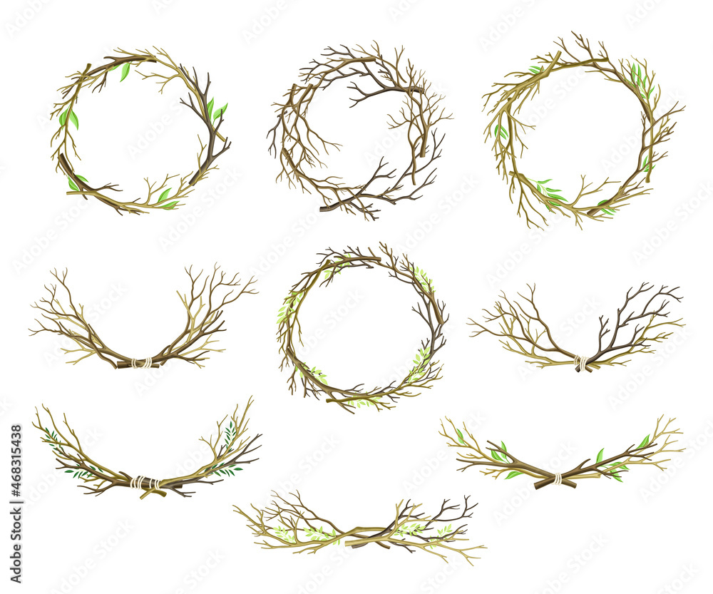 Poster bare tree branch entangled in wreath and tied in semi circle vector set