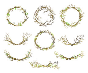 Bare Tree Branch Entangled in Wreath and Tied in Semi Circle Vector Set