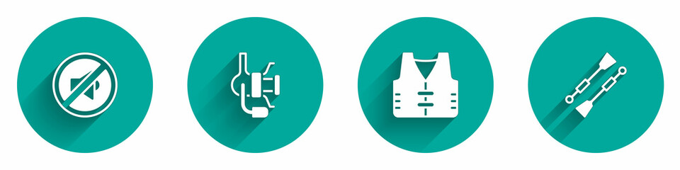 Set Speaker mute, Spinning reel for fishing, Fishing jacket and Oars paddles boat icon with long shadow. Vector