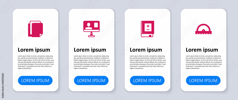 Poster set protractor grid, book with mathematics, online class and file document. business infographic tem