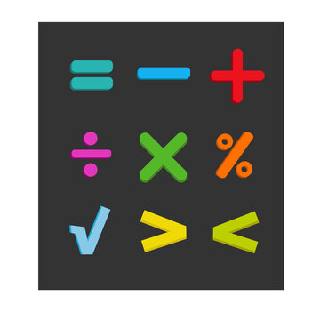 Set of math symbols icons on black background. Bright colors. Vector illustration.