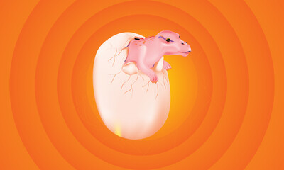 Baby dinosaur just hatched from egg on bright orange background.