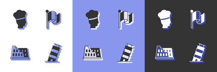Set Leaning tower in Pisa, Italian cook, Coliseum and Flag Italy icon. Vector