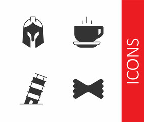 Set Macaroni, Roman army helmet, Leaning tower in Pisa and Coffee cup icon. Vector