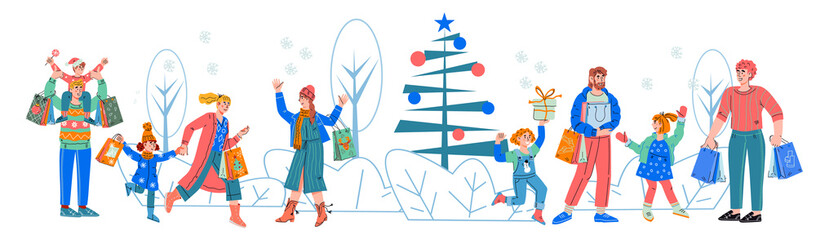 People buying Christmas gifts. Family doing Christmas  shopping, flat cartoon vector illustration isolated on white background. Winter season sales and fairs, holiday market.