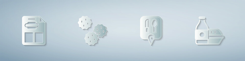 Set Restaurant cafe menu, Cookie or biscuit, Cafe and restaurant location and Online ordering food. Paper art style. Vector