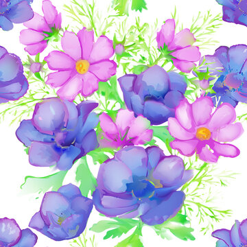 Seamless floral background with flowers. Vector hand painted watercolor imitation painting.