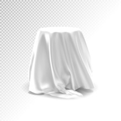 Presentation pedestal covered with a white cloth. Realistic vector, 3d illustration - 468316622