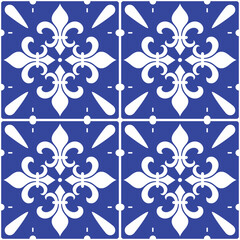 Portuguese Azulejo tile seamless vector decrative pattern with fleur de lis motif, navy blue abstract geometric design  © redkoala
