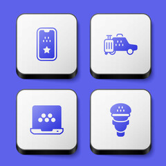 Set Taxi mobile app, car, and driver icon. White square button. Vector