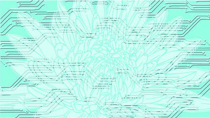  blooming chrysanthemum, with the circuit board of an electronic device as the background, symbolizes the balanced development of artificial intelligence and natural ecology, both coexisting, isolated